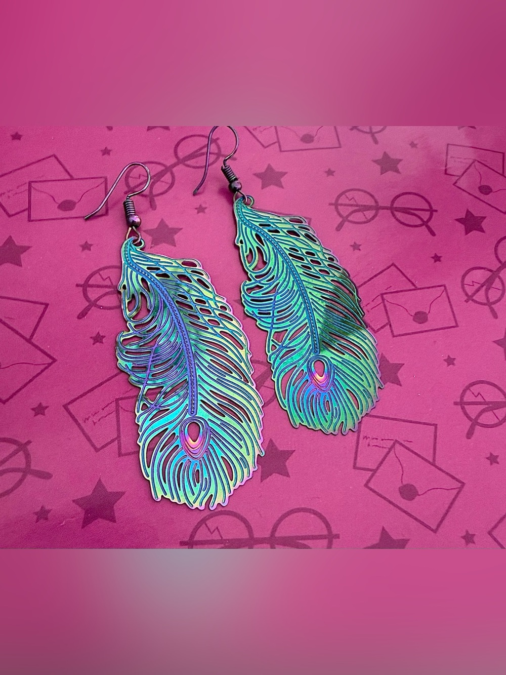 🌈 🦚 Rainbow Metal Pierced Dangle Peacock Feather Earrings